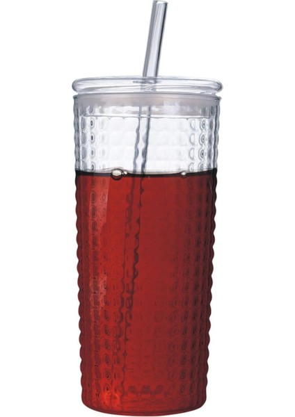 Desenli Borosilikat Cam Bardak, 550ML, Kapaklı ve Pipetli, Soğuk Içecekler Için