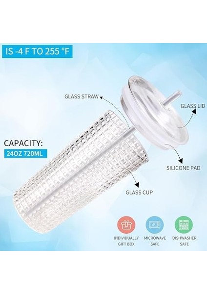 Desenli Borosilikat Cam Bardak, 550ML, Kapaklı ve Pipetli, Soğuk Içecekler Için fiyatları