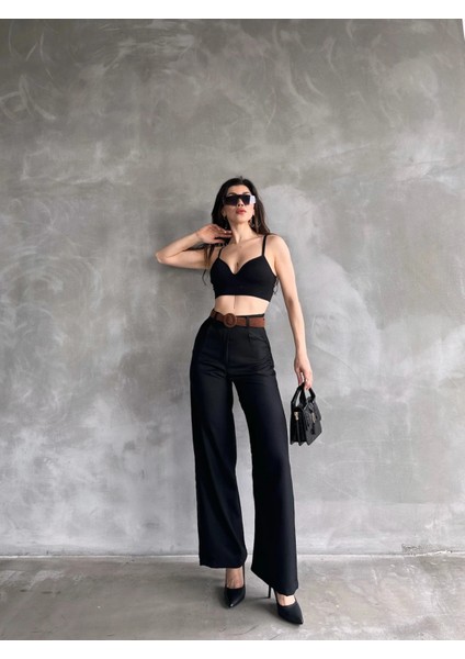 Beli Kemerli Keten Pantolon Siyah