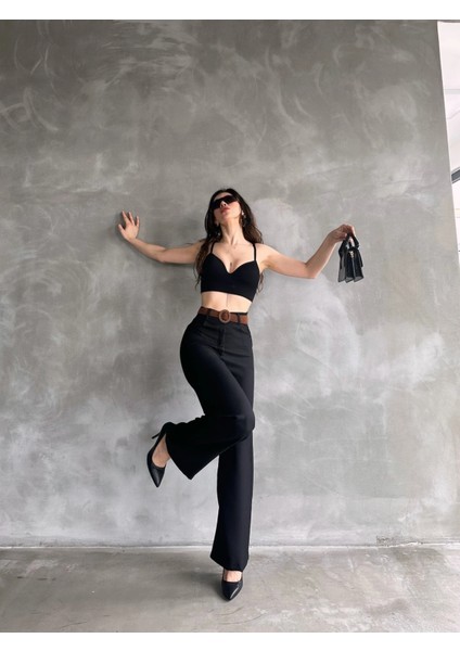 Beli Kemerli Keten Pantolon Siyah modelleri