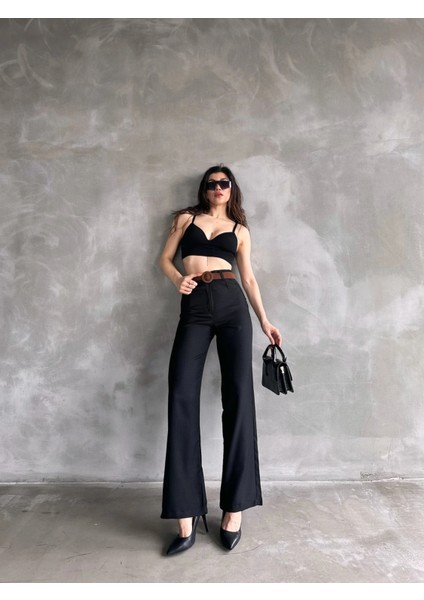Beli Kemerli Keten Pantolon Siyah fırsatları