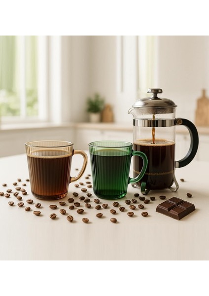 Adet Renkli Cam Kupa Bardak Çay Kahve Meşrubat Tatlı Bardağı Yeşil ve Kahve 370 ml