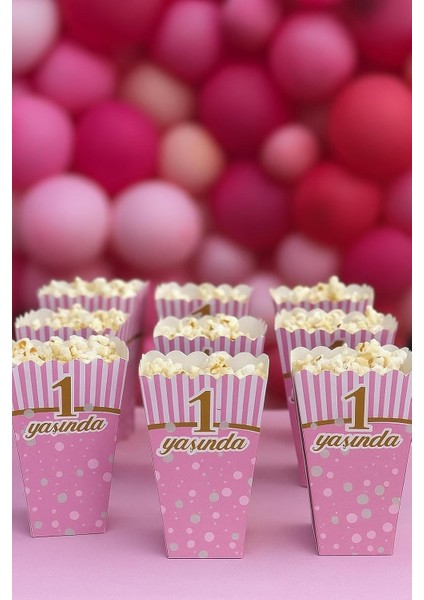 Yaş Doğum Günü Pembe Popcorn Kutusu, 8 Adet, Çizgili ve Puantiyeli Tasarım, Parti Süslemesi