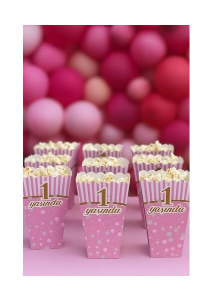 Yaş Doğum Günü Pembe Popcorn Kutusu, 8 Adet, Çizgili ve Puantiyeli Tasarım, Parti Süslemesi fiyatları