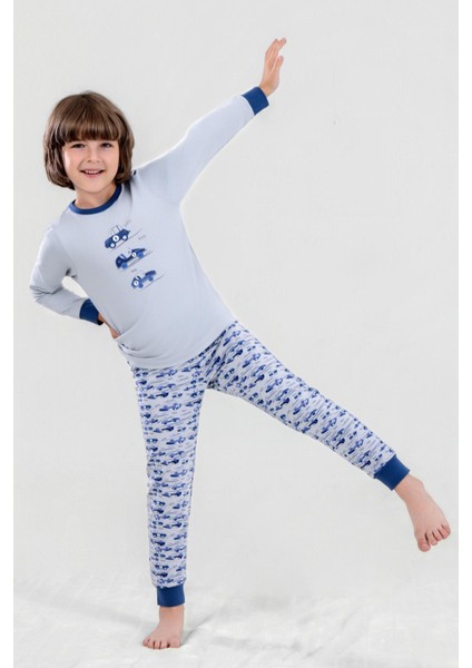 Erkek Çocuk Pamuklu Bisiklet Yaka Araba Baskılı Uzun Kollu Pijama Takımı 9617-1 Mavi