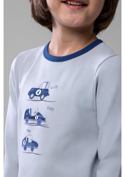 Erkek Çocuk Pamuklu Bisiklet Yaka Araba Baskılı Uzun Kollu Pijama Takımı 9617-1 Mavi modelleri