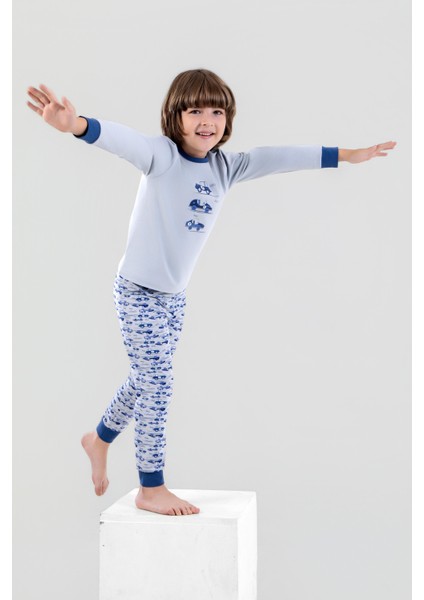 Erkek Çocuk Pamuklu Bisiklet Yaka Araba Baskılı Uzun Kollu Pijama Takımı 9617-1 Mavi fırsatları