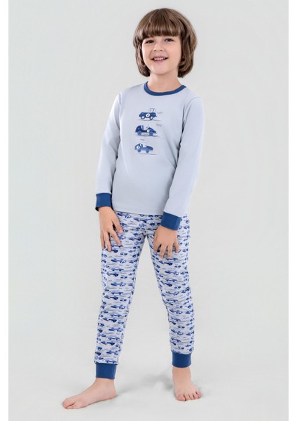 Erkek Çocuk Pamuklu Bisiklet Yaka Araba Baskılı Uzun Kollu Pijama Takımı 9617-1 Mavi indirimleri