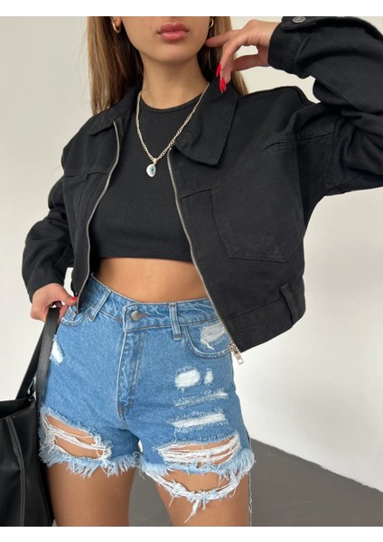 Fermuarlı Çift Cepli Denim Ceket Siyah fiyatları
