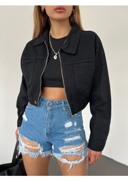 Fermuarlı Çift Cepli Denim Ceket Siyah modelleri
