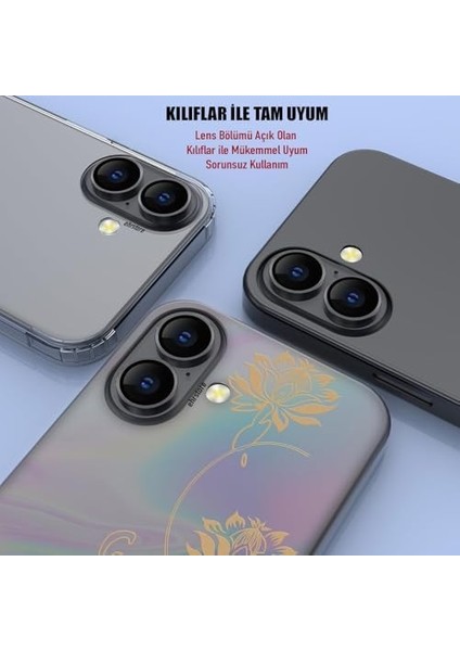 iPhone 16 ile Uyumlu Alüminyum Çerçeveli Temperli Safir Metal Lens (Siyah, iPhone 16) modelleri