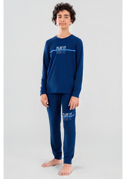 Genç Erkek Çocuk Pamuklu Bisiklet Yaka Uzun Kollu Pijama Takımı 9623-1 Lacivert