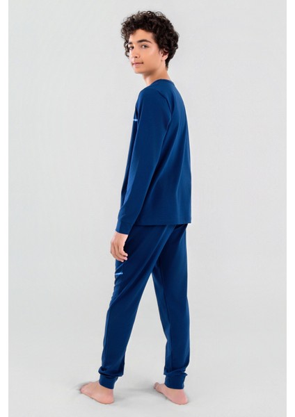 Genç Erkek Çocuk Pamuklu Bisiklet Yaka Uzun Kollu Pijama Takımı 9623-1 Lacivert fiyatları