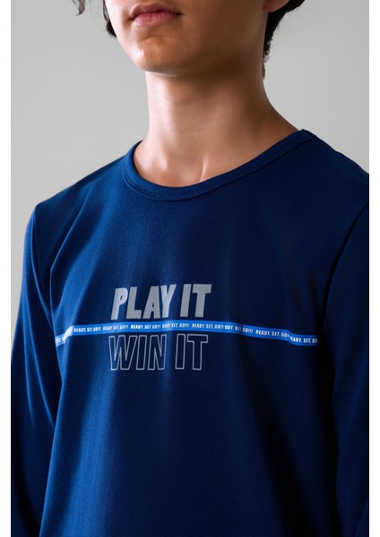 Genç Erkek Çocuk Pamuklu Bisiklet Yaka Uzun Kollu Pijama Takımı 9623-1 Lacivert modelleri