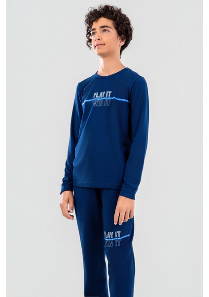 Genç Erkek Çocuk Pamuklu Bisiklet Yaka Uzun Kollu Pijama Takımı 9623-1 Lacivert fırsatları