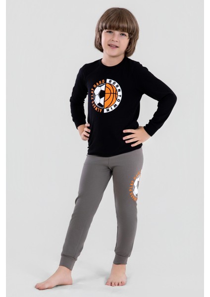 Erkek Çocuk Pamuklu Bisiklet Yaka Top Baskılı Uzun Kollu Pijama Takımı 9621-1 Siyah