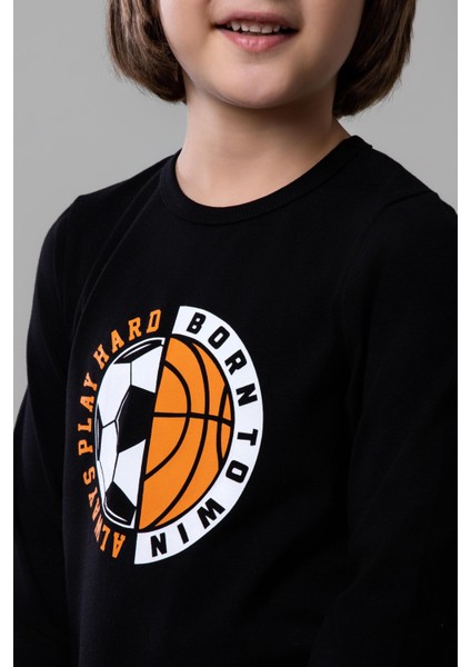 Erkek Çocuk Pamuklu Bisiklet Yaka Top Baskılı Uzun Kollu Pijama Takımı 9621-1 Siyah fırsatları