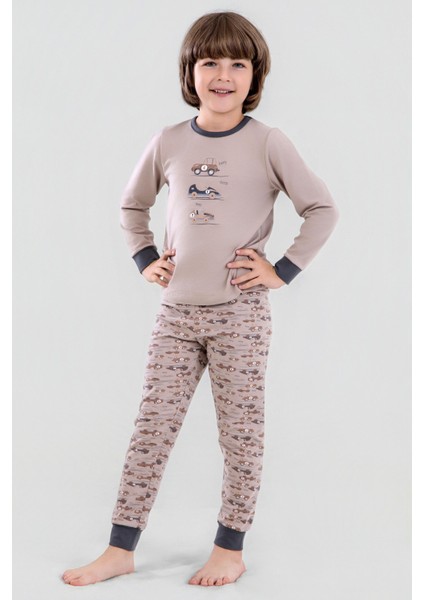 Erkek Çocuk Pamuklu Bisiklet Yaka Araba Baskılı Uzun Kollu Pijama Takımı 9617-1 Vızon