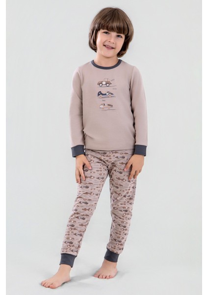 Erkek Çocuk Pamuklu Bisiklet Yaka Araba Baskılı Uzun Kollu Pijama Takımı 9617-1 Vızon modelleri