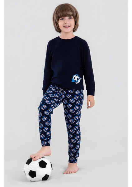 Erkek Çocuk Pamuklu Bisiklet Yaka Futbol Topu Baskılı Uzun Kollu Pijama Takımı 9622-1 Mavi