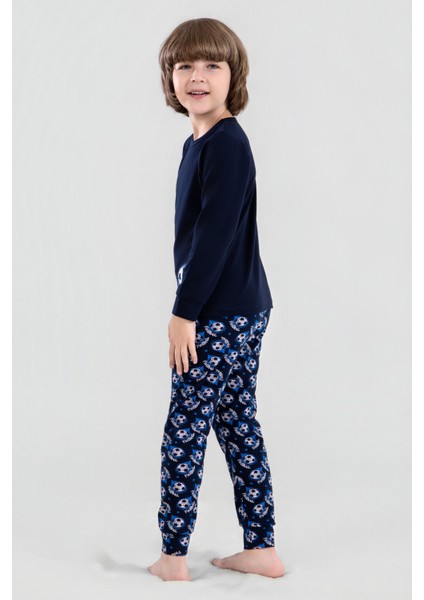 Erkek Çocuk Pamuklu Bisiklet Yaka Futbol Topu Baskılı Uzun Kollu Pijama Takımı 9622-1 Mavi fırsatları