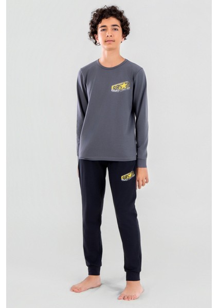 Genç Erkek Çocuk Pamuklu Bisiklet Yaka Uzun Kollu Pijama Takımı 9624-1 Gri Melanj