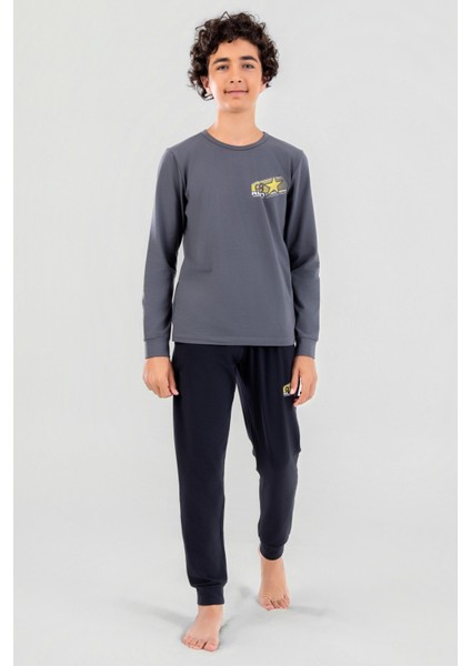 Genç Erkek Çocuk Pamuklu Bisiklet Yaka Uzun Kollu Pijama Takımı 9624-1 Gri Melanj fiyatları