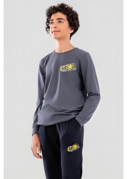 Genç Erkek Çocuk Pamuklu Bisiklet Yaka Uzun Kollu Pijama Takımı 9624-1 Gri Melanj modelleri