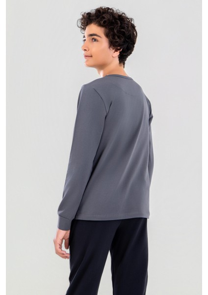 Genç Erkek Çocuk Pamuklu Bisiklet Yaka Uzun Kollu Pijama Takımı 9624-1 Gri Melanj fırsatları