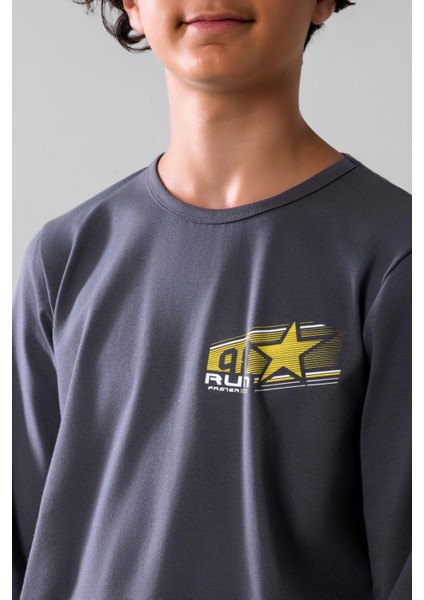 Genç Erkek Çocuk Pamuklu Bisiklet Yaka Uzun Kollu Pijama Takımı 9624-1 Gri Melanj indirimleri