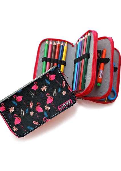 Kalem Kutusu Flamingo Siyah Kawai Organizer Kalemkutu Vegan Deri Üç Bölmeli Kalemlik
