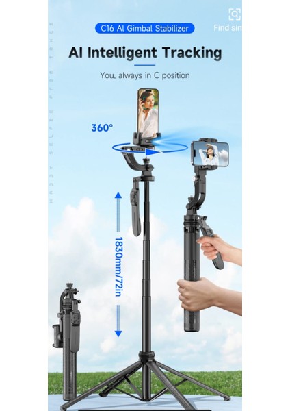 Hareket Algılama ve Yüz Takip Sistemli 183 cm Tripod 360° Dönen Uzaktan Kumandalı Selfie Çubuğu ve Gimbal