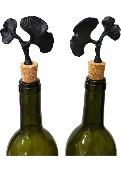 Siyah Ginkgo Figürlü 2 Adet Mantar Tıpa - Şarap Yağdanlık Şişe