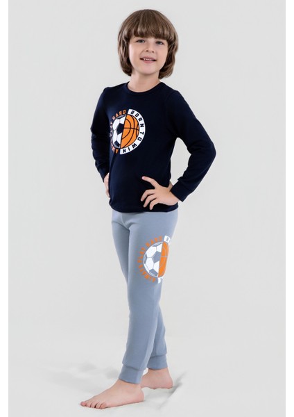 Erkek Çocuk Pamuklu Bisiklet Yaka Top Baskılı Uzun Kollu Pijama Takımı 9621-1 Mavi