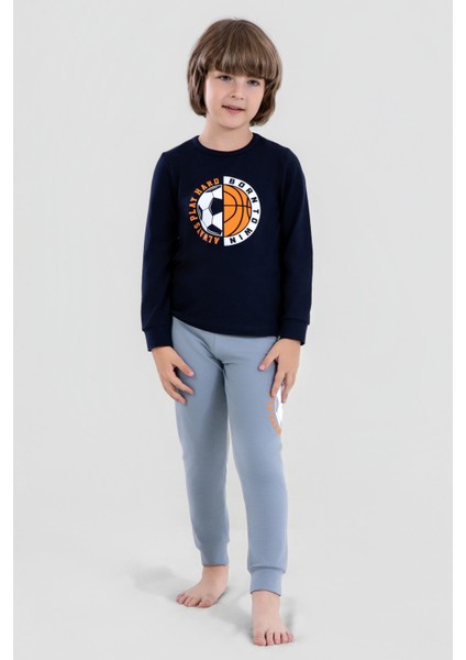 Erkek Çocuk Pamuklu Bisiklet Yaka Top Baskılı Uzun Kollu Pijama Takımı 9621-1 Mavi fiyatları
