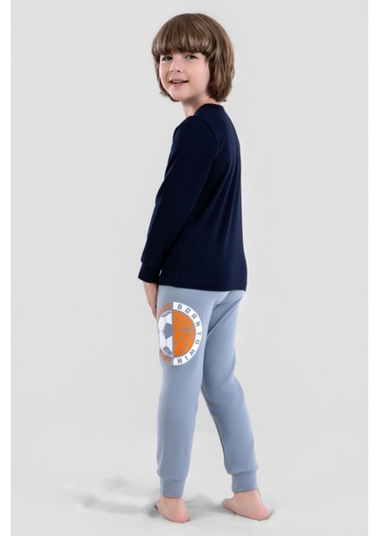 Erkek Çocuk Pamuklu Bisiklet Yaka Top Baskılı Uzun Kollu Pijama Takımı 9621-1 Mavi modelleri