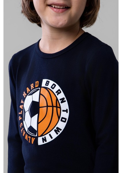 Erkek Çocuk Pamuklu Bisiklet Yaka Top Baskılı Uzun Kollu Pijama Takımı 9621-1 Mavi fırsatları