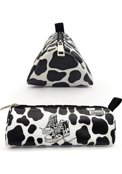 Kalem Kutusu Inek Desenli Ayakkabı Detaylı Üçgen Kalemkutu Jumbo Vegan Deri Kalemlik - Siyah