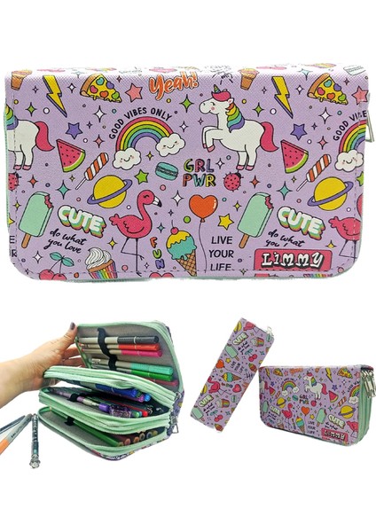 Kalem Kutusu Unicorn-Flamingo Kawai Organizer Kalemkutu Vegan Deri Üç Bölmeli Kalemlik - Yeşil