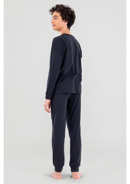 Genç Erkek Çocuk Pamuklu Bisiklet Yaka Uzun Kollu Pijama Takımı 9623-1 Siyah modelleri