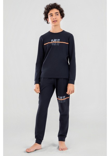 Genç Erkek Çocuk Pamuklu Bisiklet Yaka Uzun Kollu Pijama Takımı 9623-1 Siyah fırsatları