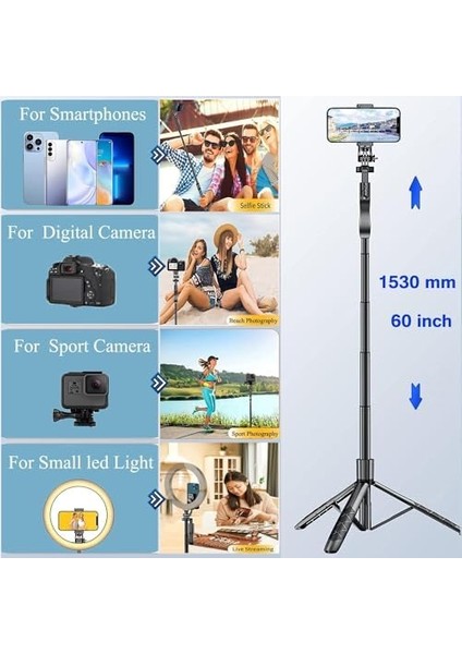 Bluetooth Uzaktan Kumandalı Selfie Çubuğu Tripod - 360° Döner, 150 cm Ayarlanabilir, Hafif Taşınabilir, iPhone ve Android Uyumlu, Vlog, Video, Seyahat Için modelleri