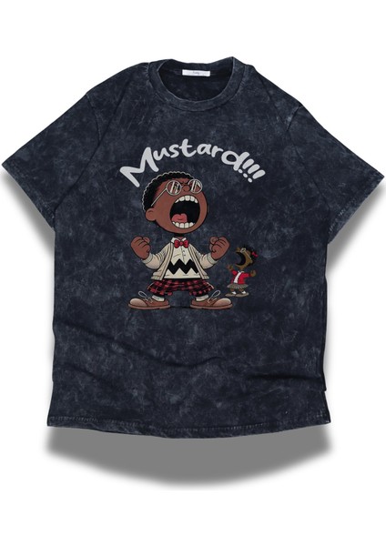 Unisex Mustard Yazılı Yıkamalı T-Shirt, Oversize Kendrick Lamar Temalı Vintage Tişört