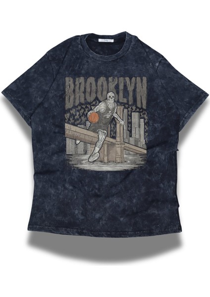 Unisex Brooklyn Yazılı Yıkamalı T-Shirt, Oversize Basketbol Temalı Bisiklet Yaka Retro Tişört