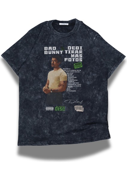 Unisex Bad Bunny Baskılı Yıkamalı T-Shirt, Oversize Rapper Temalı Vintage Tişört