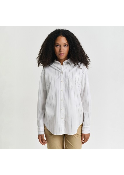 Kadın Lacivert Relaxed Fit Klasik Yaka Çizgili Gömlek