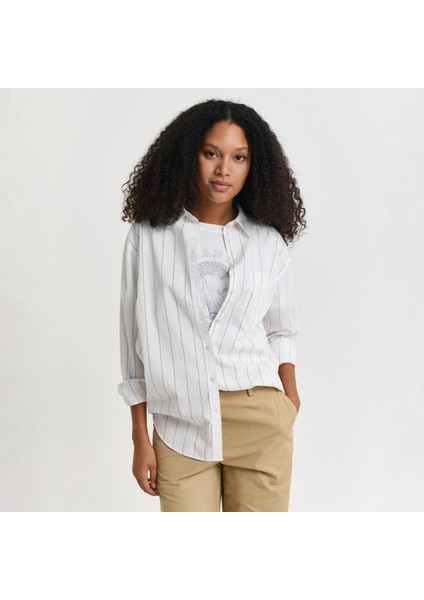 Kadın Lacivert Relaxed Fit Klasik Yaka Çizgili Gömlek fiyatları