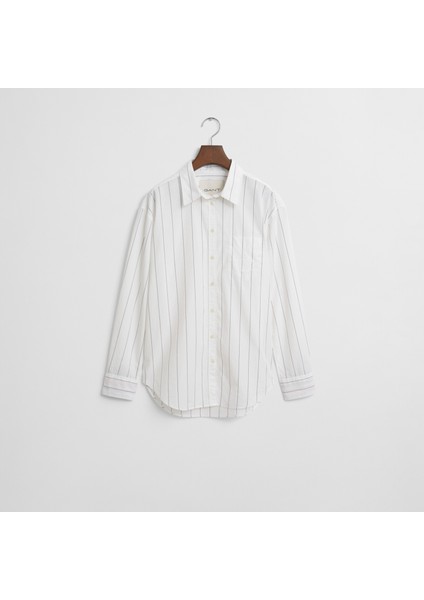Kadın Lacivert Relaxed Fit Klasik Yaka Çizgili Gömlek indirimleri