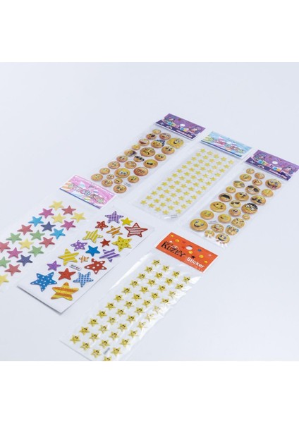 6 Adet Kabartmalı Yapışkan Sticker, Karışık Renkli Yıldızlar ve Emojiler