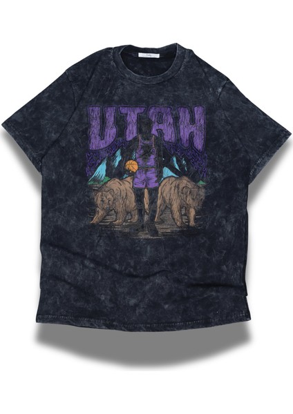 Unisex Utah Yazılı Yıkamalı T-Shirt, Oversize Basketbol Temalı Bisiklet Yaka Vintage Tişört